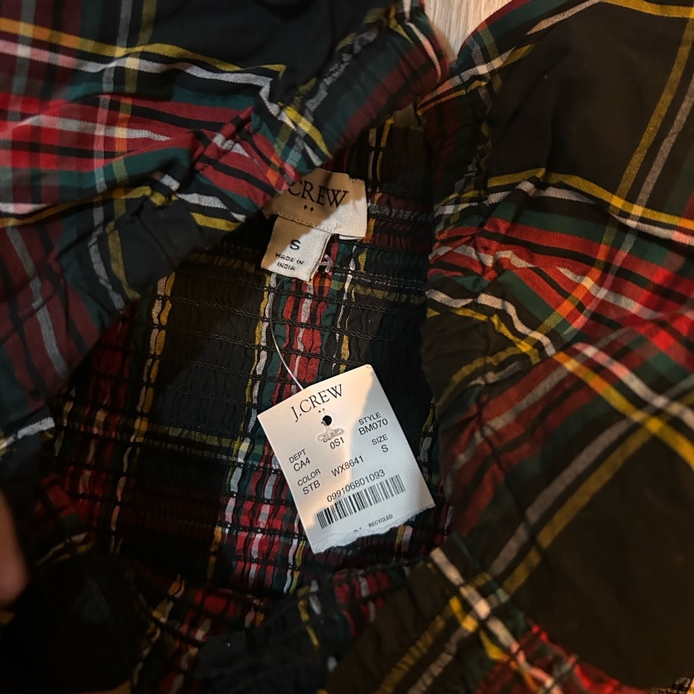 NWT J. Crew Stewart Tartan Plaid Smocked Midi Dres Sm Puff Sleeves Pockets - Picture 2 of 3